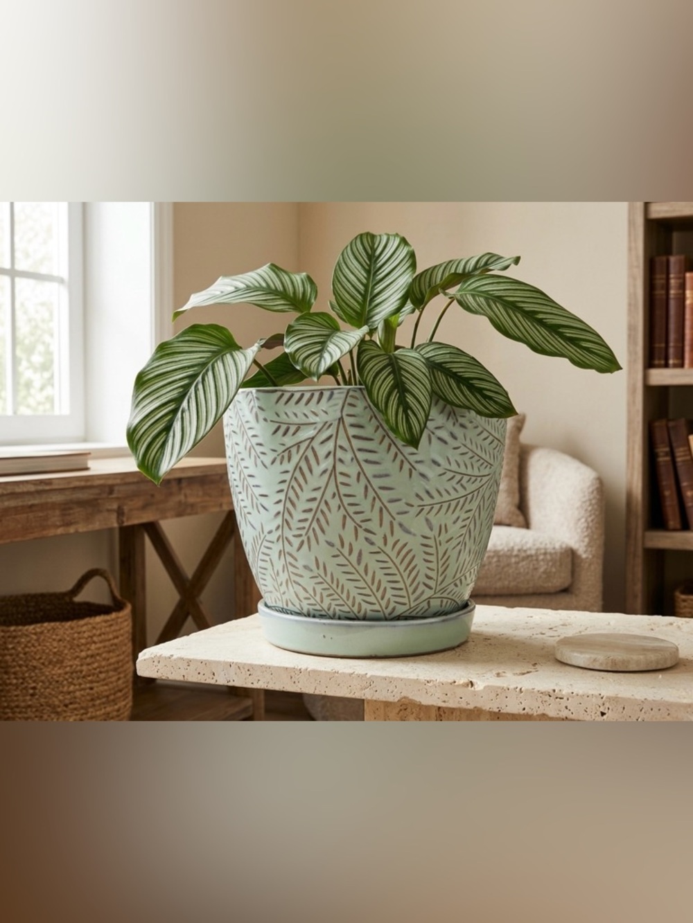 6 Inch Sage Green Leaf Ceramic Planter with Saucer, Modern Boho Indoor Pot